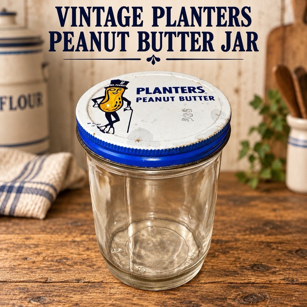 Vintage Planters Peanut Butter Glass Jar Mr Peanut Metal Lid Advertising
